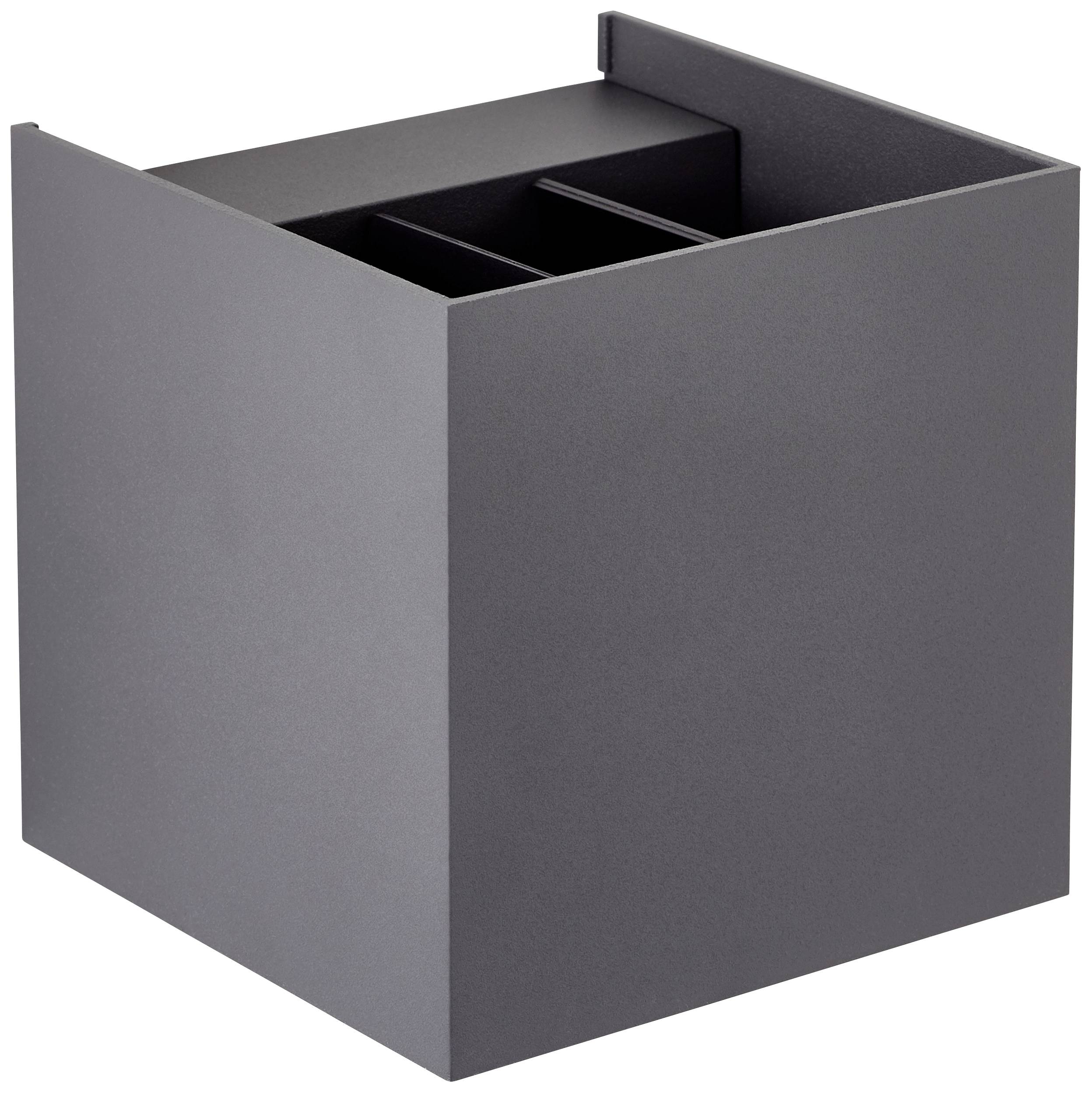 Un porte-stylos carré en métal gris avec deux compartiments pour organiser les accessoires de bureau.