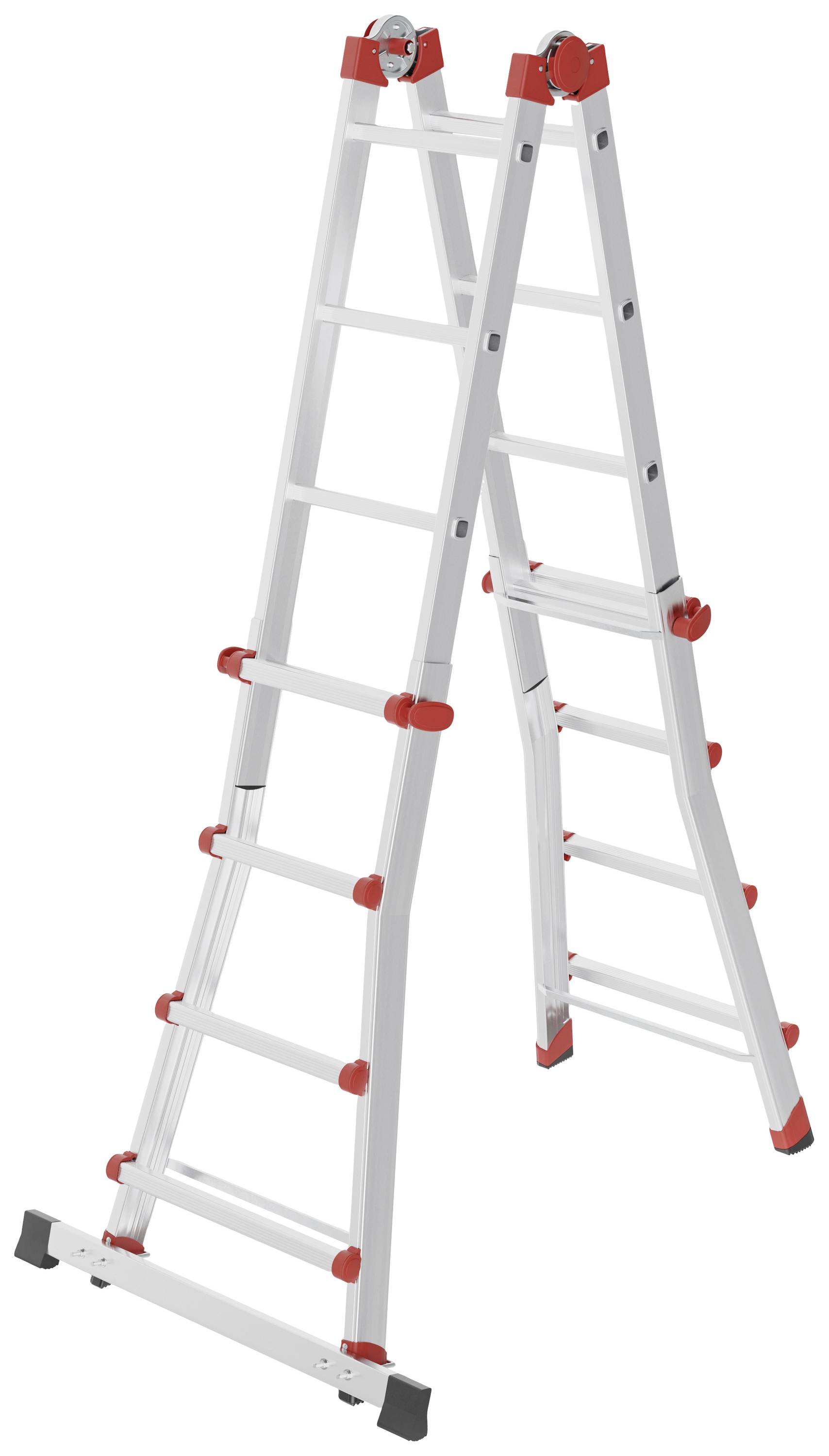 Une échelle en métal blanc avec des connexions rouges, montée en forme de A. Réglable et modulaire pour des applications polyvalentes.