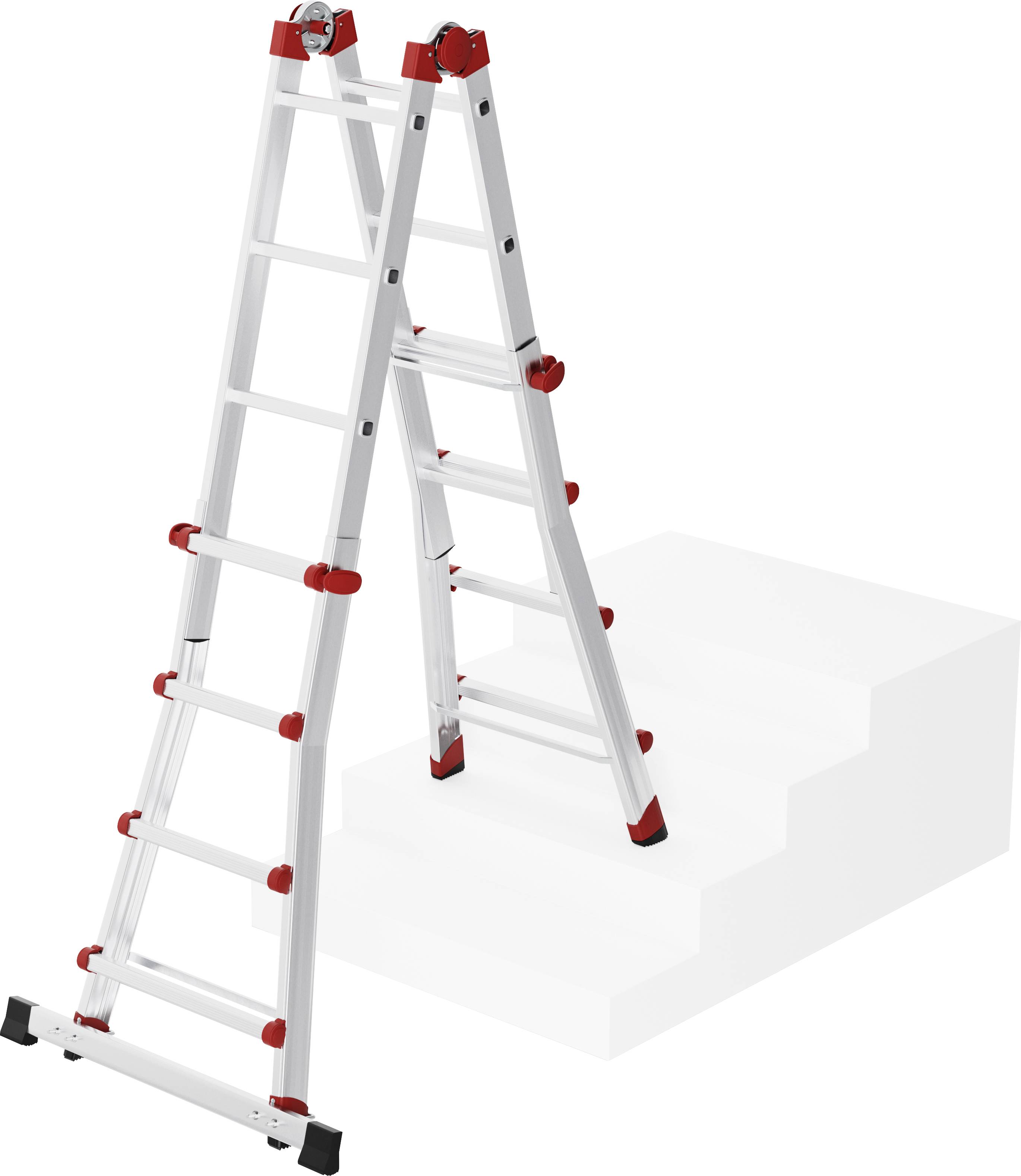 Échelle télescopique en forme de A sur un escalier, avec un barreau déployé, détails de couleur rouge et blanc, montrant une adaptabilité de hauteur flexible.