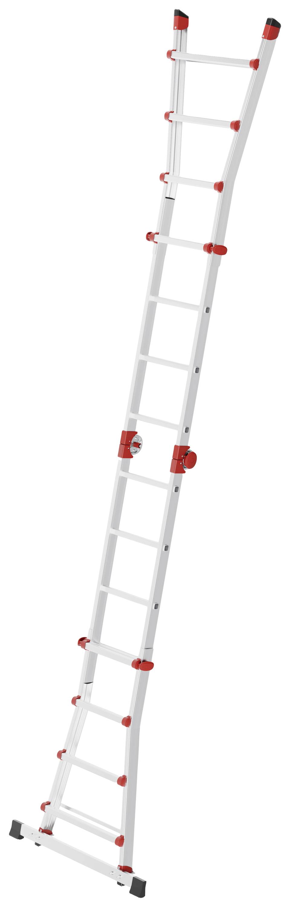 Une échelle télescopique en métal avec des connexions rouges et des pieds noirs, déployée sur toute sa longueur, est positionnée en diagonale.