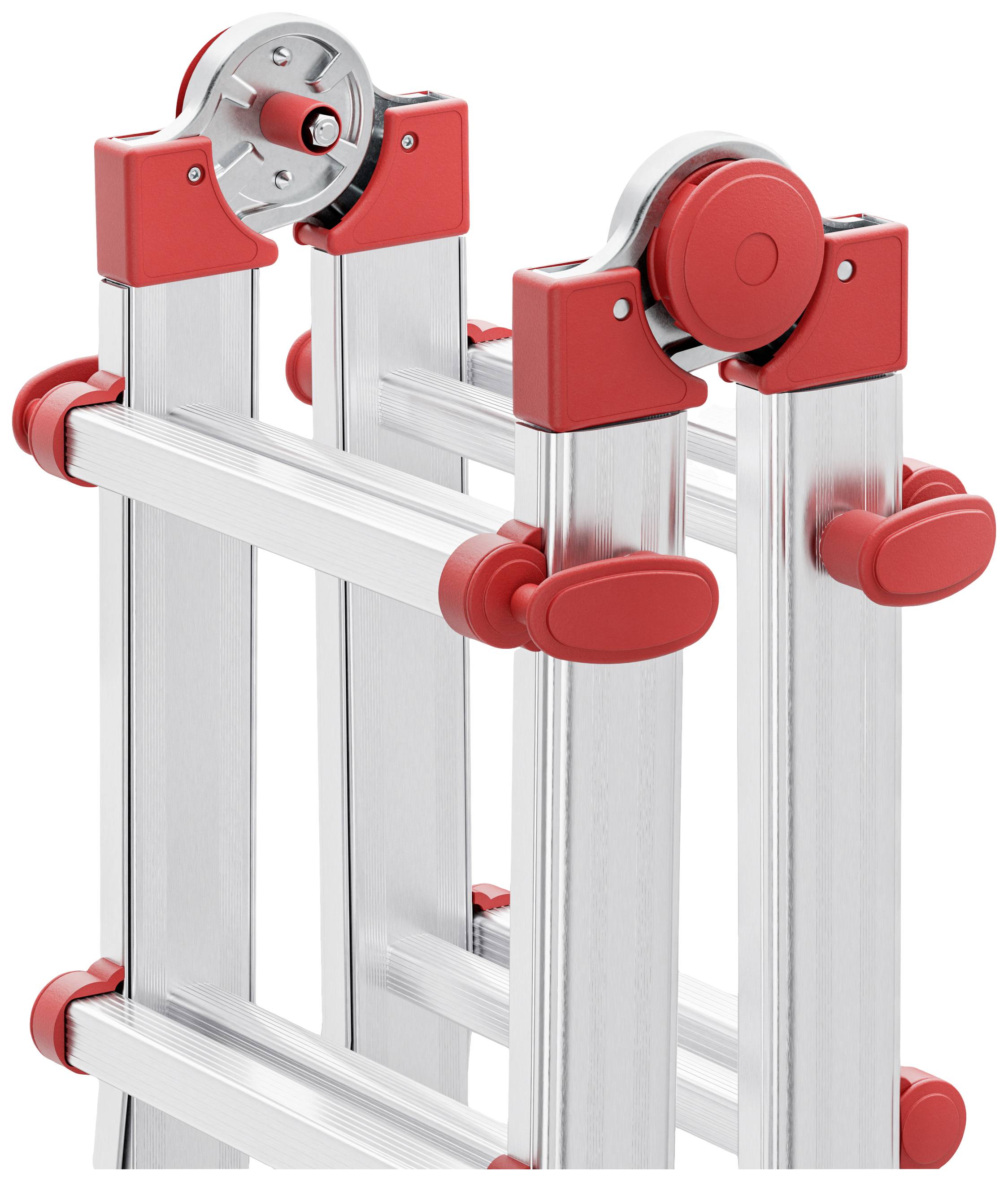 Une échelle en aluminium rouge et argentée avec des articulations permettant différentes configurations, présentée dans une position partiellement repliée.