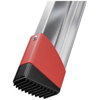 Échelle en aluminium avec embouts de finition en plastique rouge et noir à la base, montrant le pied stable pour une meilleure adhérence au sol.