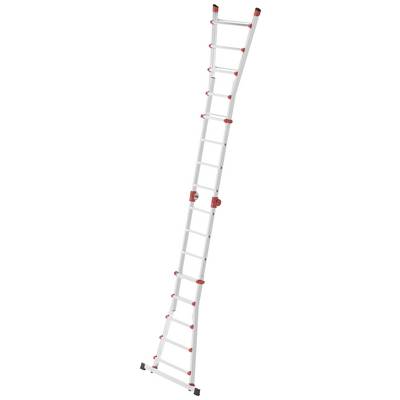 Échelle blanche, télescopique, avec des raccords rouges, complètement dépliée.