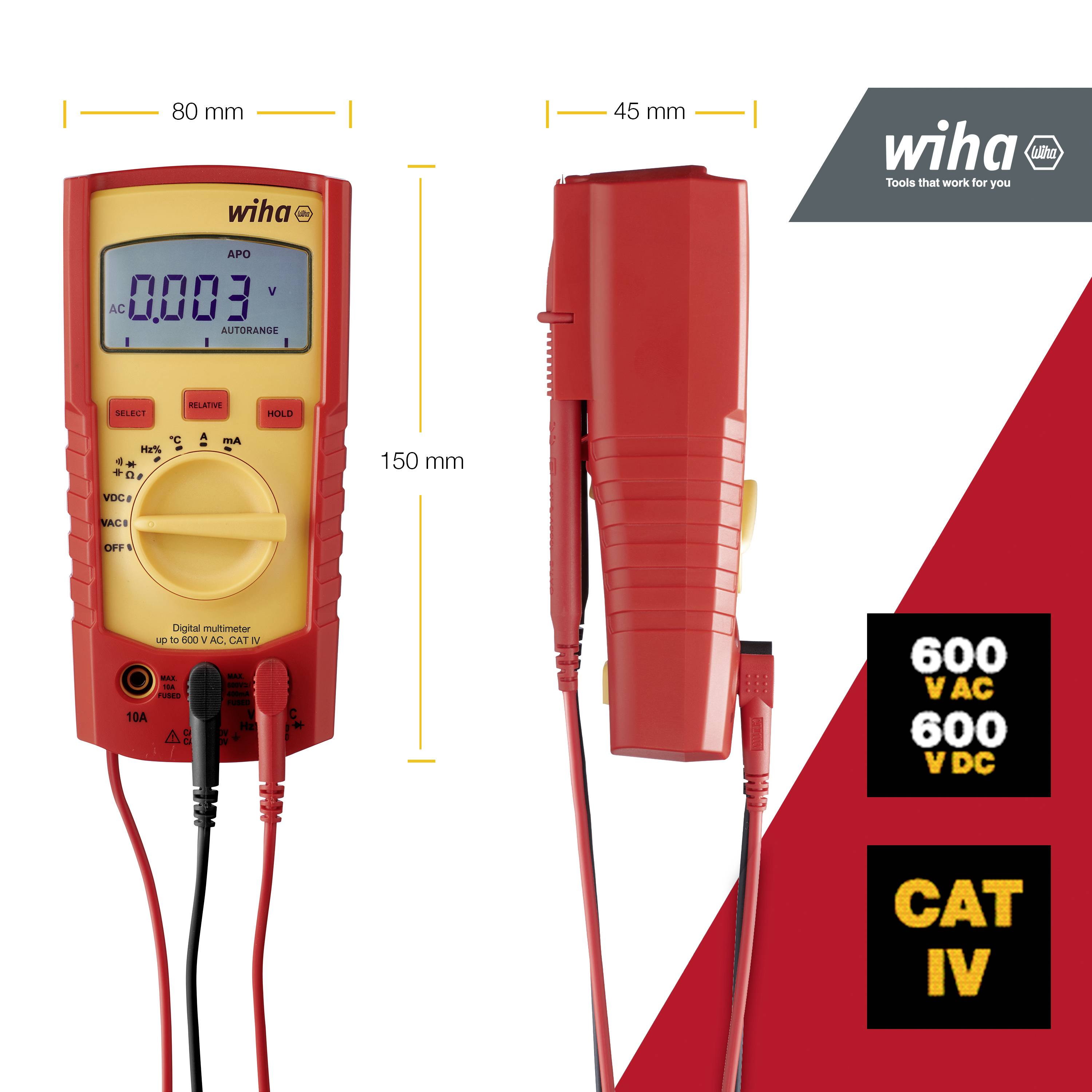 Multimètre en rouge-orange avec affichage numérique de tension et de courant, nom du produit 'Wiha'. Indications : 600 V AC/DC, CAT IV. Dimensions : 150 mm x 80 mm x 45 mm.