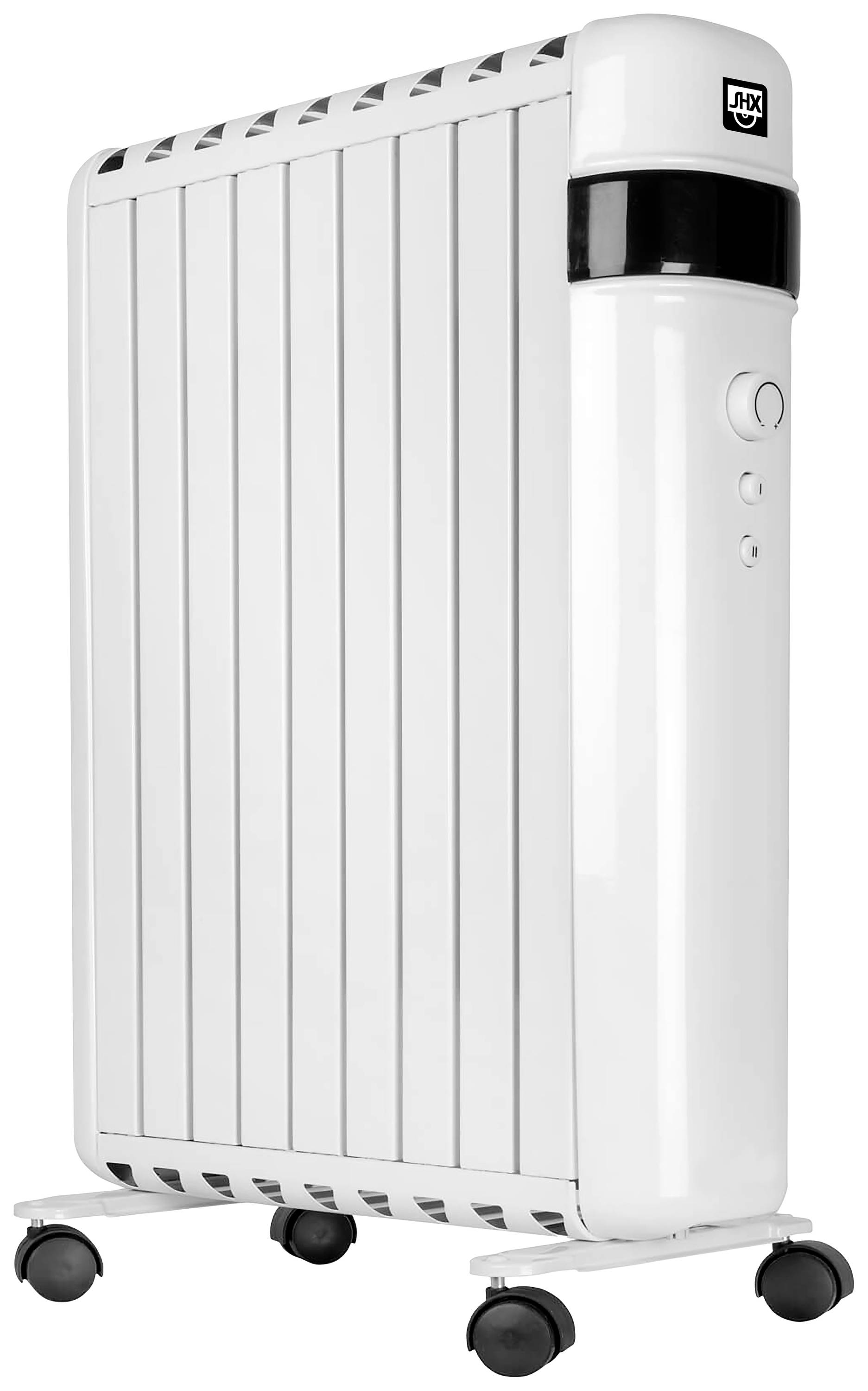 Un radiateur portable blanc sur roulettes, avec un panneau de commande noir situé en haut à droite.