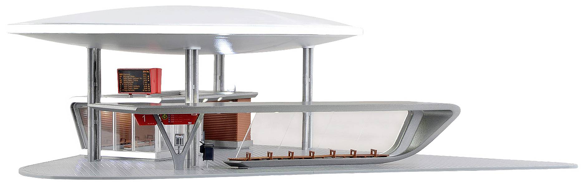 Arrêt de bus moderne avec écran d'affichage des horaires, zone d'assise et auvent. Architecture claire et futuriste.