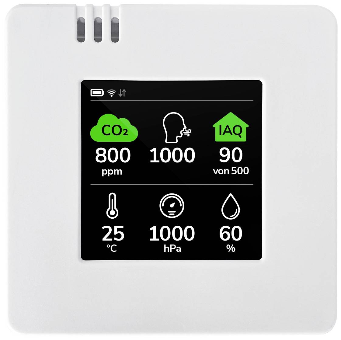 Un écran affiche une valeur de CO2 de 800 ppm, une qualité d'air de 90/500, une température de 25°C, une pression de 1000 hPa, et une humidité de 60%.
