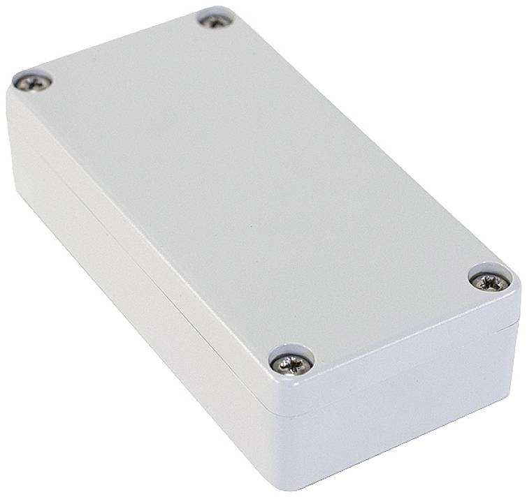 Boîte en plastique blanche, rectangulaire, avec des angles arrondis et des vis apparentes aux coins.