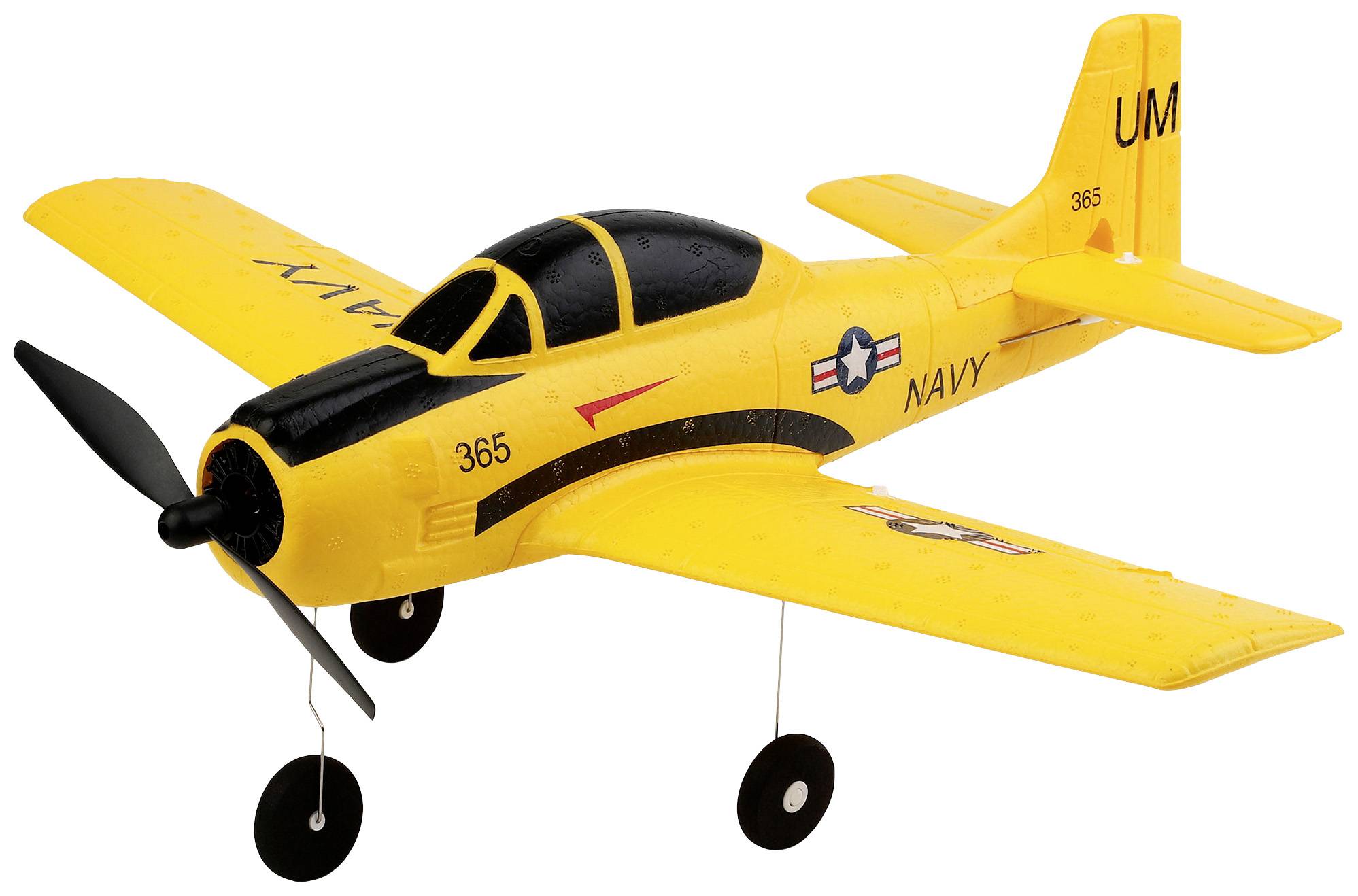 Avion-modèle jaune avec hélice et inscription 'NAVY' en lettres noires sur le côté. Trois roues sont visibles.