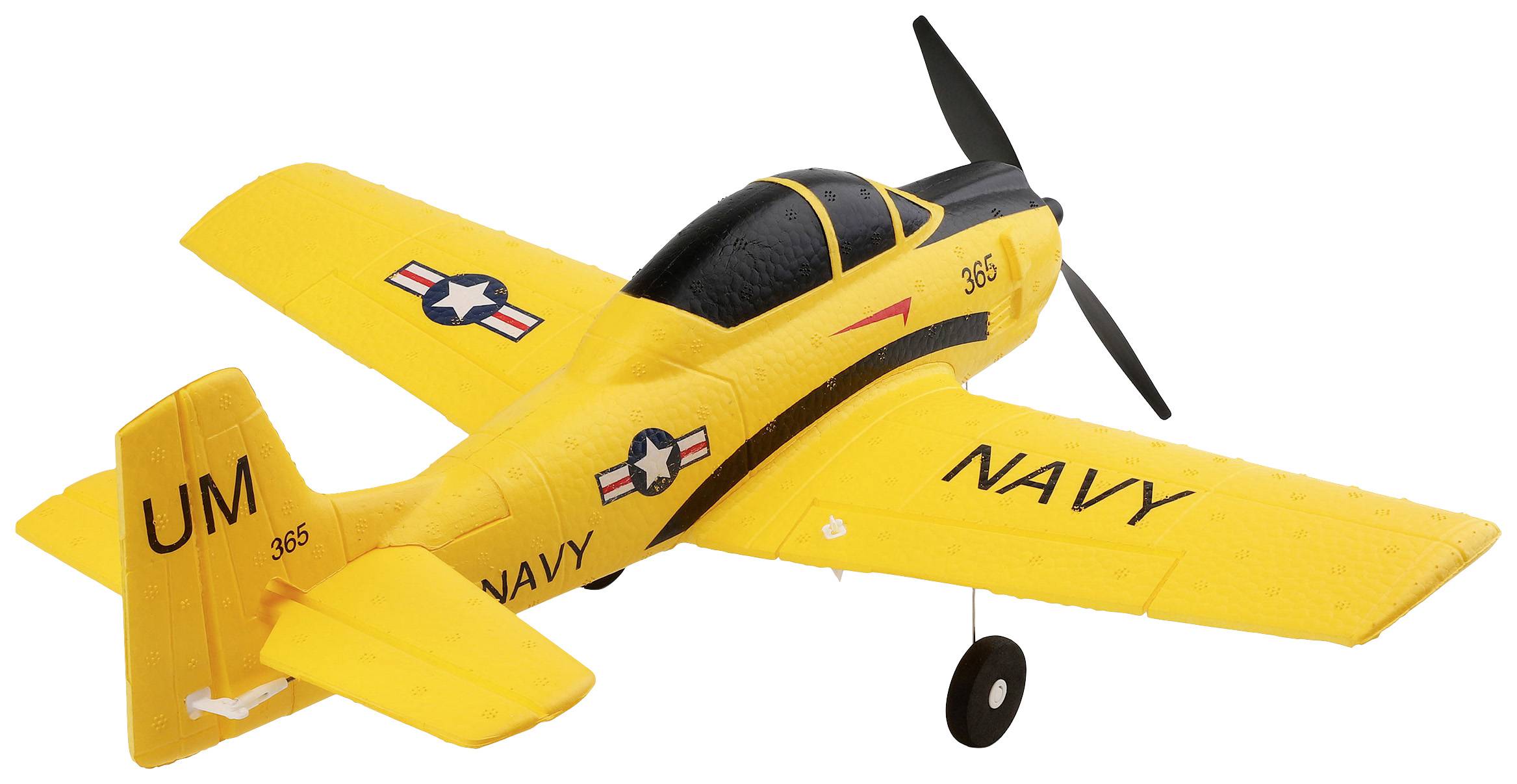Avion-modèle jaune portant l'inscription 'NAVY' et des insignes militaires américains sur les ailes et le fuselage.