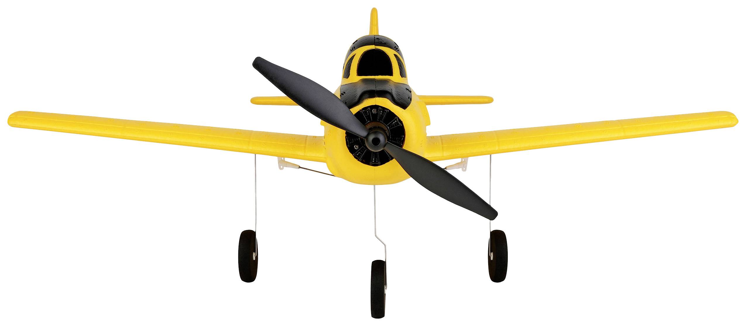 Avion de modélisme jaune vu de face, avec hélice et train d'atterrissage visibles.
