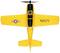 Un avion-modèle jaune vu de dessus, doté d'une hélice, d'un emblème de la Marine américaine sur l'aile et de l'inscription 'NAVY'.