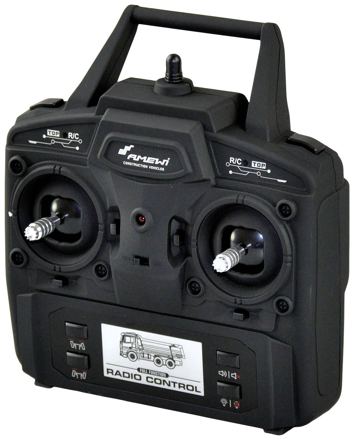 Une télécommande noire pour véhicules télécommandés avec deux manches de commande et plusieurs interrupteurs. Marque 'Amewi'.