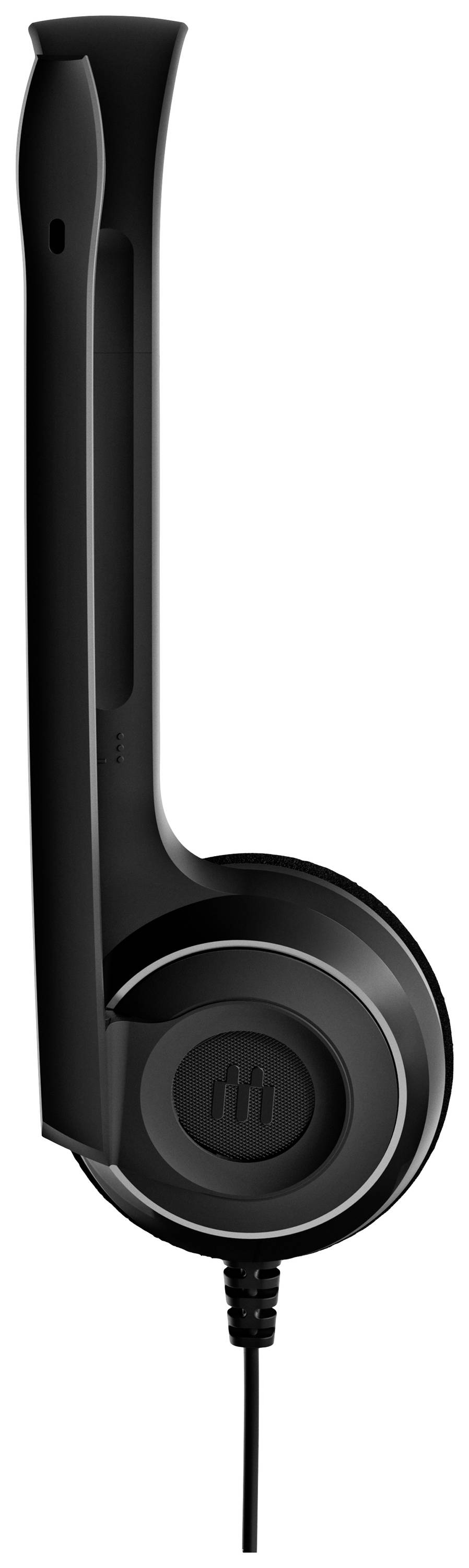 Casque noir filaire avec microphone intégré dans l'arceau, vue de côté. Idéal pour les appels téléphoniques ou les visioconférences.