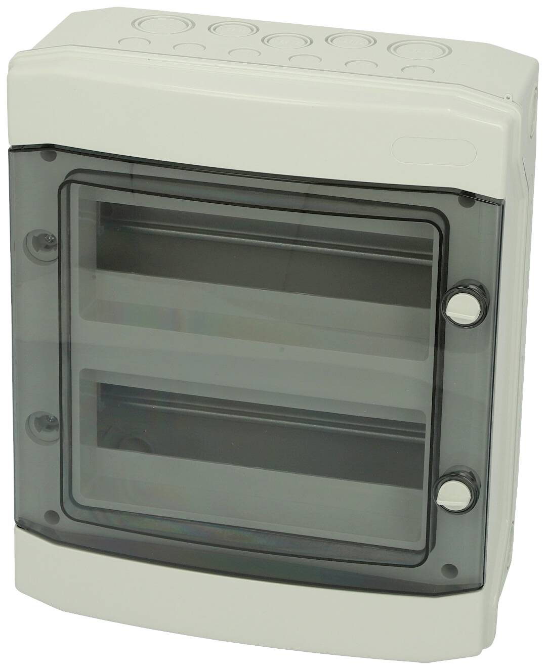 Boîtier en plastique gris rectangulaire avec couvercle transparent à l'avant, adapté pour protéger des composants électriques ou des fusibles.