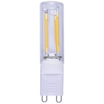 Ampoule LED avec boîtier en verre cylindrique, filaments apparents et culot G9, adaptée aux luminaires à petit diamètre de douille.