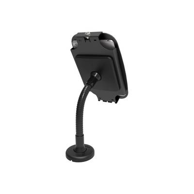 'Support noir flexible pour appareil avec socle rond et clip arrondi en haut, qui maintient un appareil. Adapté à divers appareils électroniques.'
