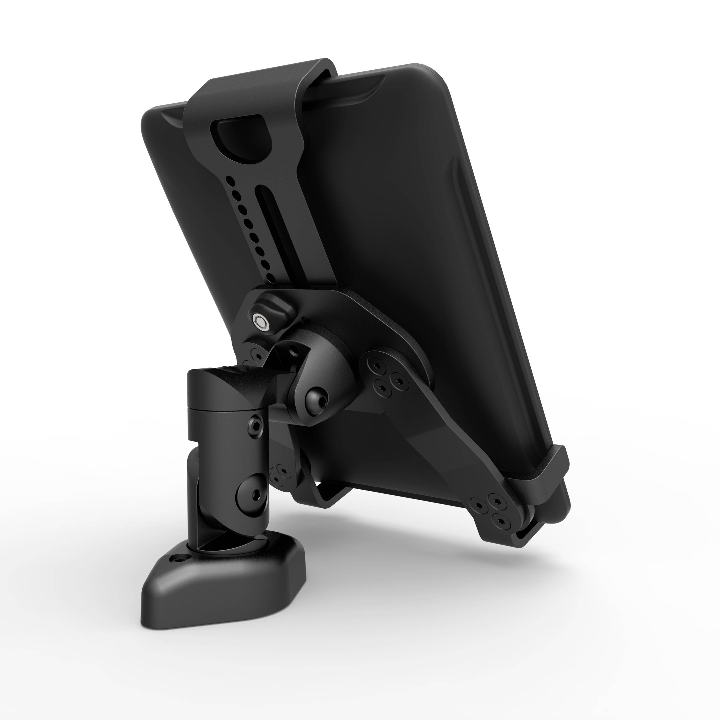 Un support de tablette en métal noir avec support réglable, vu de côté. Conçu pour une stabilité optimale sur différentes surfaces.