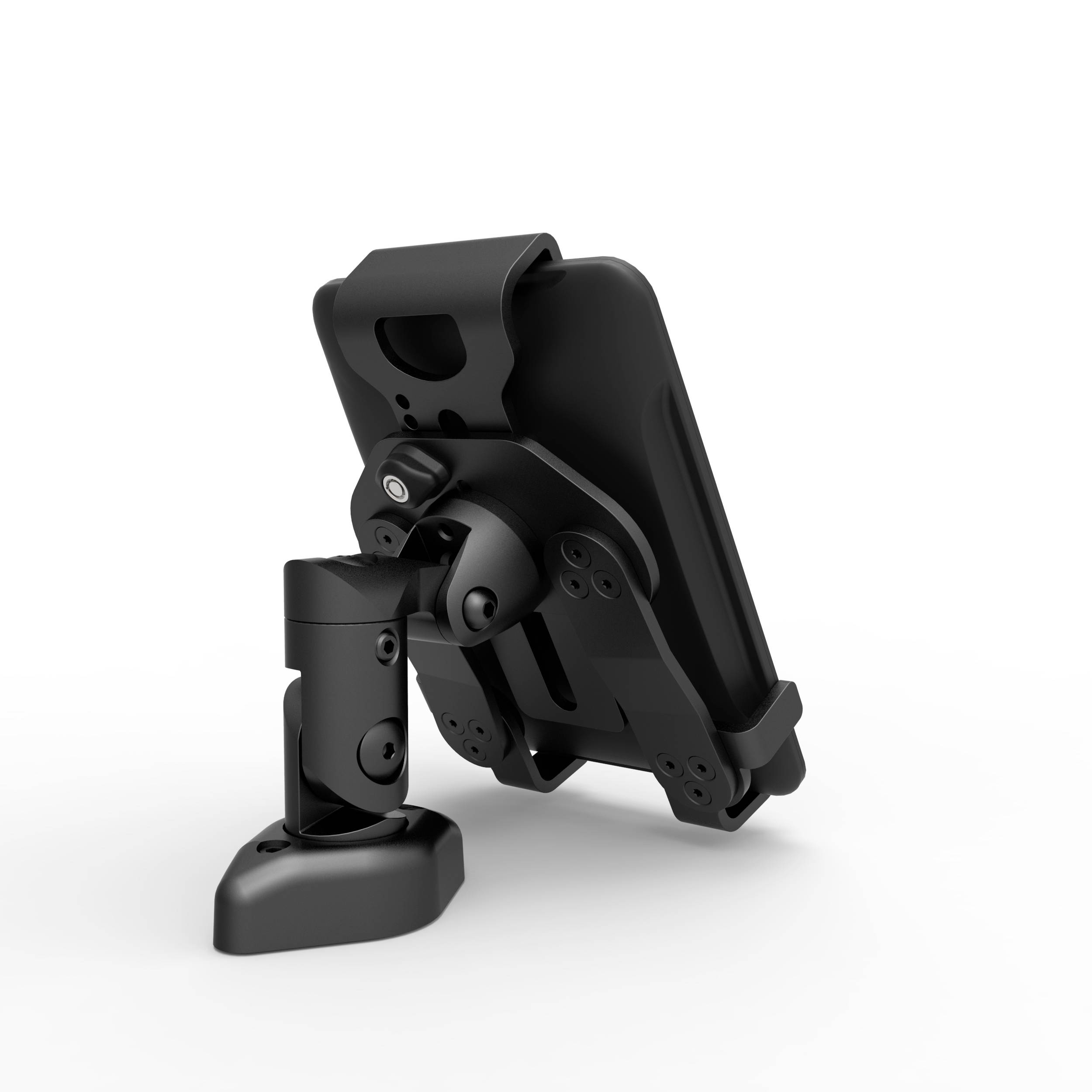 Un support noir à bras ajustable maintient un appareil plat et rectangulaire, probablement une tablette ou un écran.