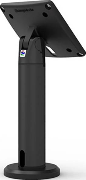 Un support de tablette noir avec un bras réglable sur lequel un écran est monté. Idéal pour les présentations ou les applications de kiosque.