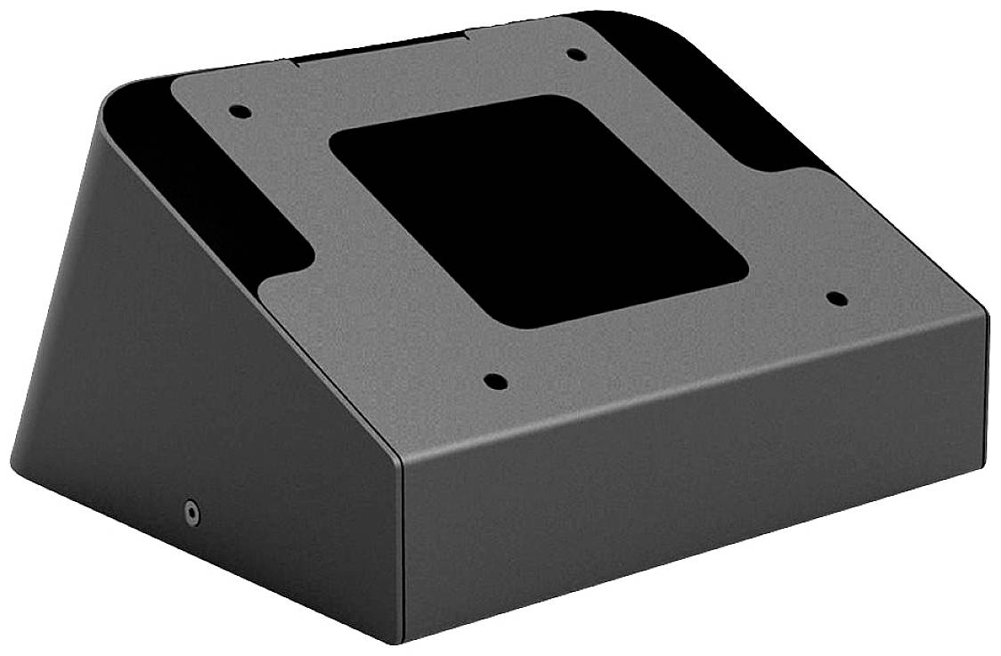 Un boîtier noir de forme trapézoïdale avec une ouverture rectangulaire au centre, probablement destiné à un appareil électronique.