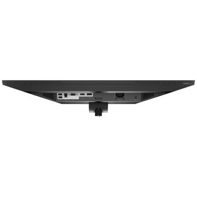 Arrière d'un moniteur noir avec plusieurs ports, dont HDMI, USB et une prise d'alimentation.