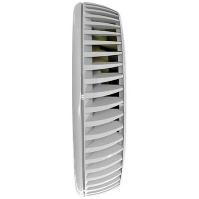 Un haut-parleur blanc oval à lamelles verticales ; vue de côté.