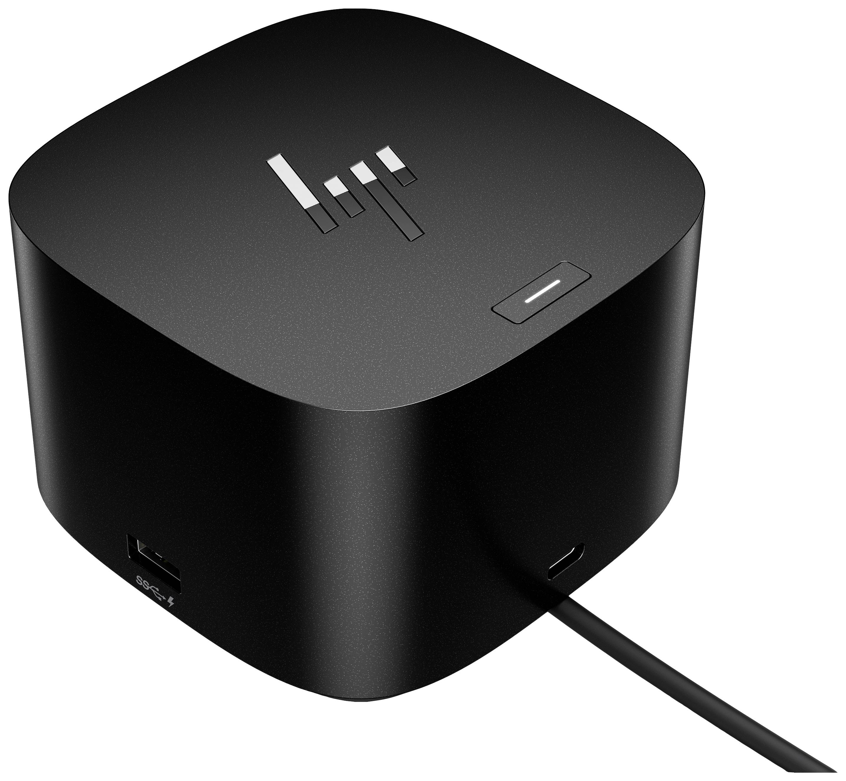 Un dock noir rectangulaire avec plusieurs ports et un câble. Un logo est représenté en haut.