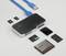 Un lecteur de cartes USB avec plusieurs cartes mémoire de différents types, dont des cartes SD et des cartes MicroSD, sur un fond blanc.