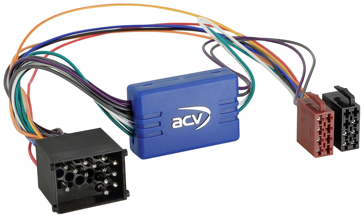 Un adaptateur bleu portant l'inscription 'acv' avec plusieurs câbles de couleurs différentes menant à divers connecteurs.