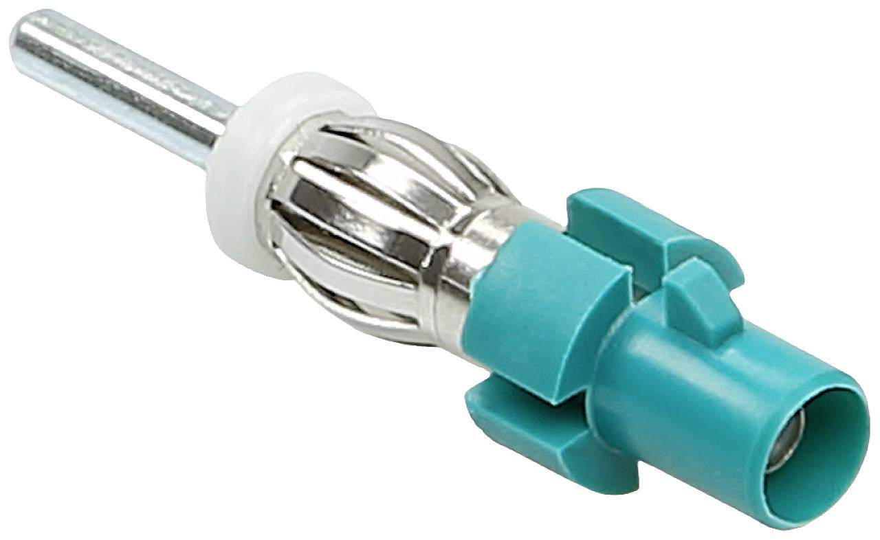 Une fiche coaxiale en turquoise et argent, utilisée pour les connexions d'antenne dans les véhicules.