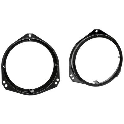 Deux supports d'enceintes noirs et ronds en plastique, placés côte à côte.