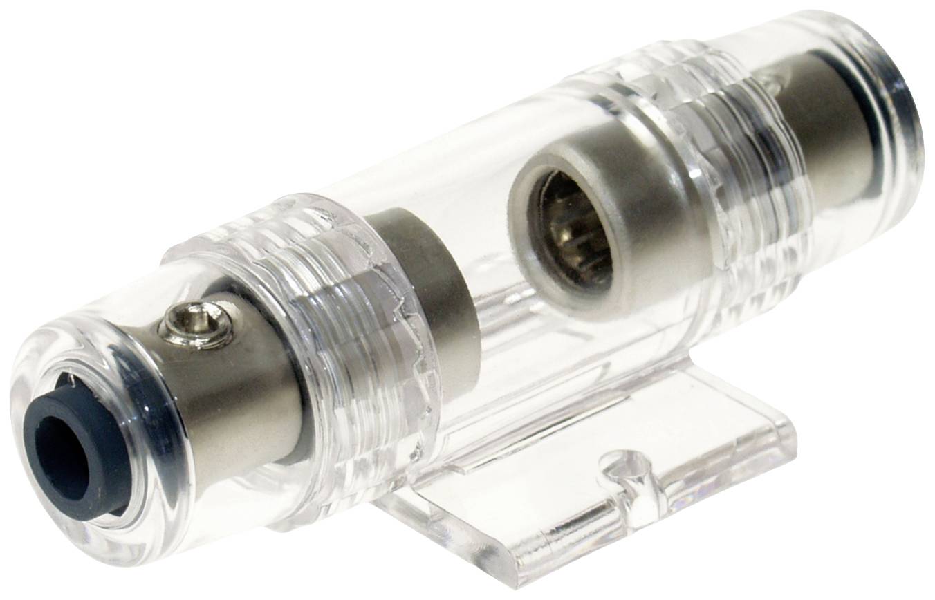 Fusible avec gaine en plastique transparent, montrant les contacts métalliques intérieurs, utilisé dans les systèmes électriques.