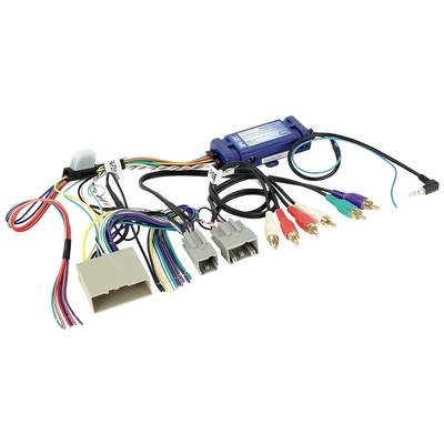Différents câbles colorés et connecteurs sont reliés à un module bleu conçu pour être branché dans des véhicules automobiles.