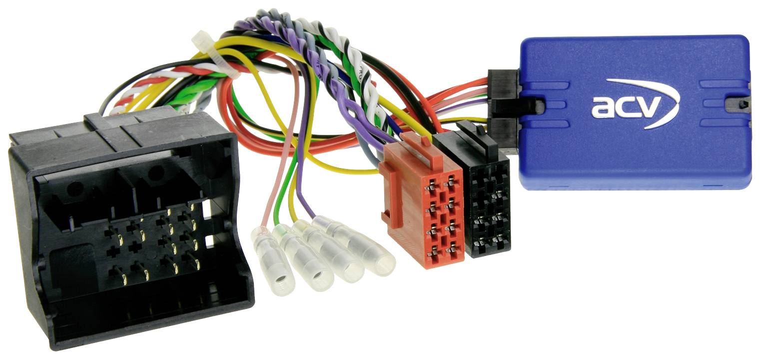 Un adaptateur de câble avec différentes fiches et un module bleu portant l'inscription « acv ».