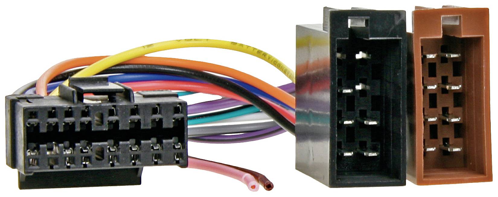 Faisceau de câbles avec trois fiches en plastique de différentes couleurs, permettant des connexions électriques dans les véhicules.