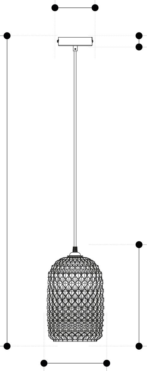 Suspension luminaire au motif géométrique avec un long câble, disposé verticalement.