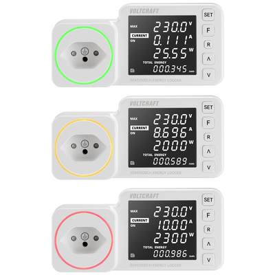 'Trois compteurs d'énergie affichent différentes intensités de courant et consommation d'énergie. En haut : encadré en vert, au milieu : jaune, en bas : rouge.'