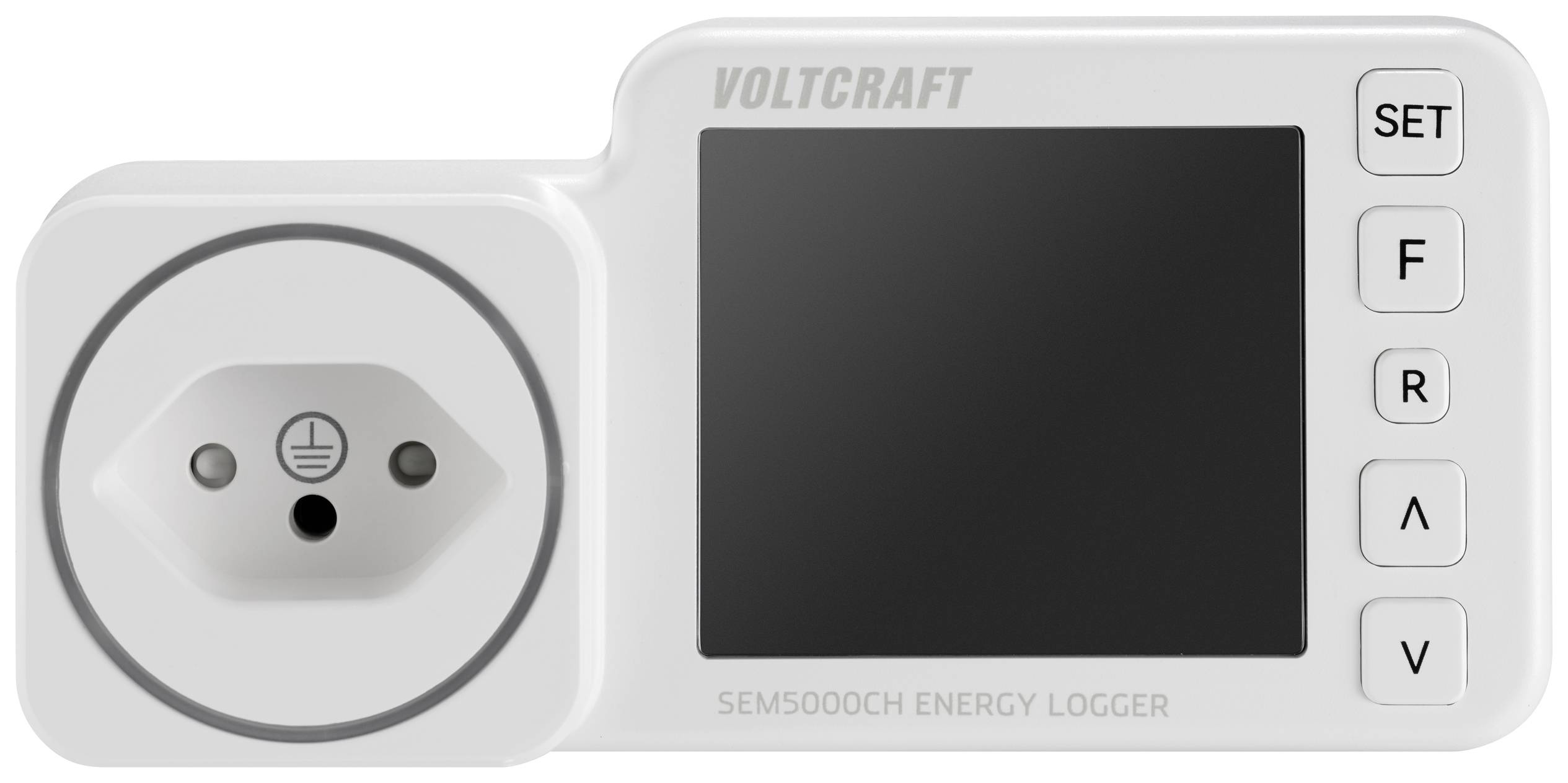 Un adaptateur-enregistreur de consommation électrique avec écran, de marque Voltcraft, modèle SEM5000CH. Mesure et affiche les données de consommation énergétique.
