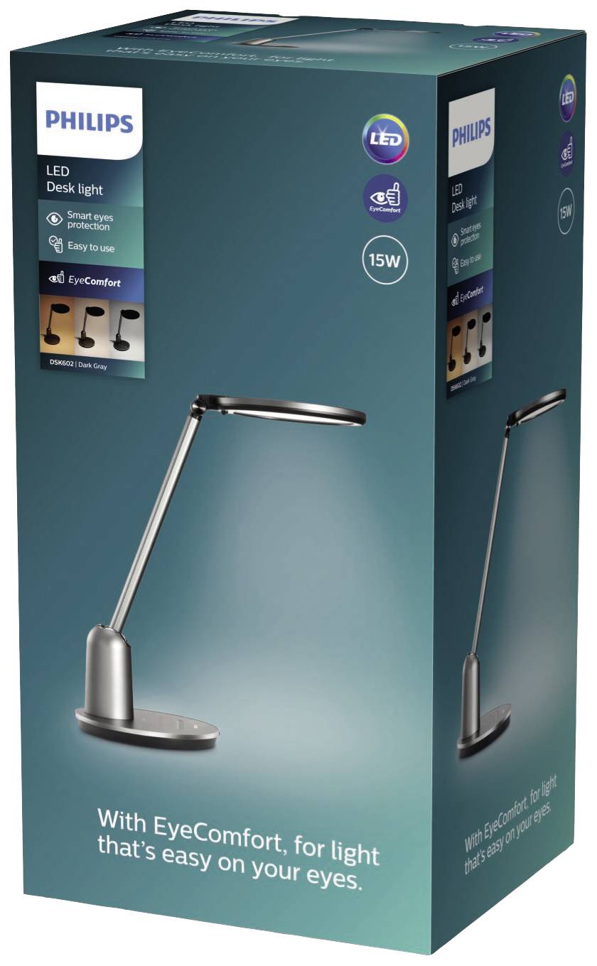 Lampe de bureau LED Philips en emballage bleu. Fonctionnalités : Contrôle intelligent, sans éblouissement, 15W. Texte : 'Avec EyeComfort, pour un éclairage agréable.'