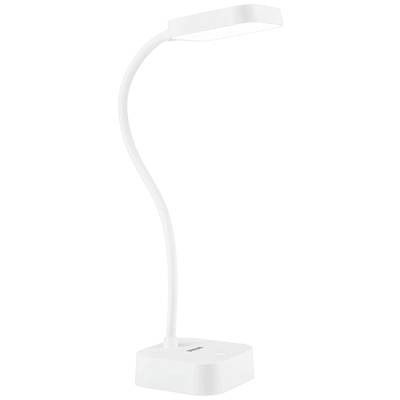 Lampe de bureau blanche à col flexible et abat-jour rectangulaire sur base carrée. Idéale pour les bureaux ou les espaces de travail.