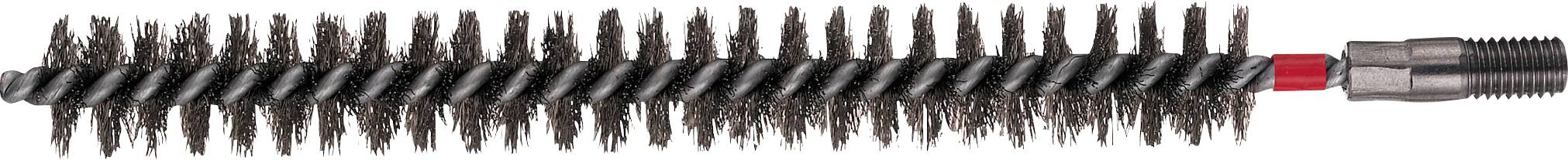 Une brosse métallique avec des poils noirs denses, un segment de manche rouge, et un connecteur métallique sur la droite.