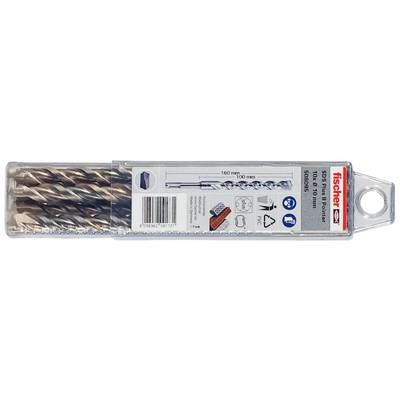 Paquet de forets Fischer SDS-plus dans un étui en plastique transparent avec étiquette présentant un assortiment de forets de 160 mm et 100 mm.