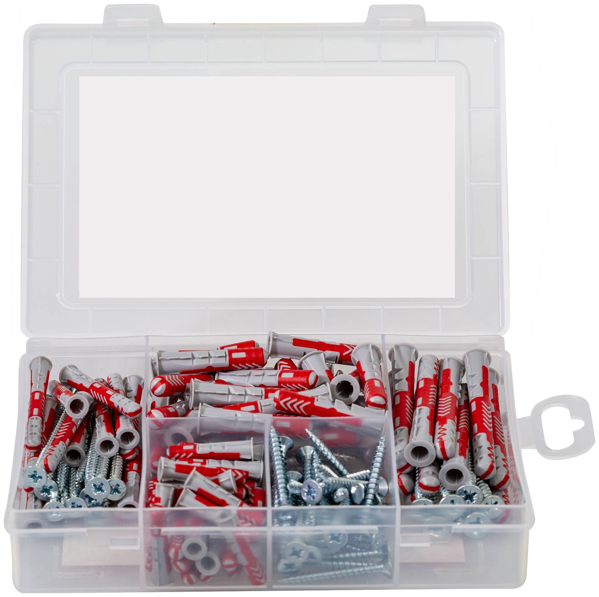 Une boîte en plastique transparent contient différents chevilles et vis de tailles variées. Le contenu est détaillé sur la face avant.