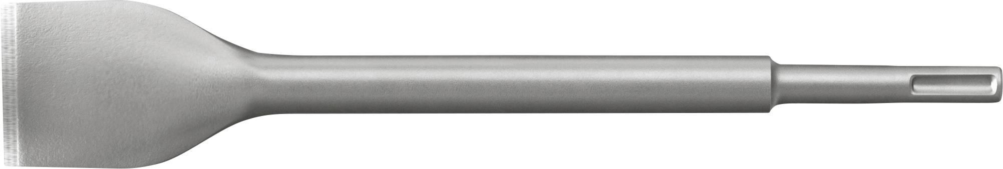 Une spatule ou un grattoir en métal avec une large lame plate et une poignée étroite, montré de profil sur un fond blanc.