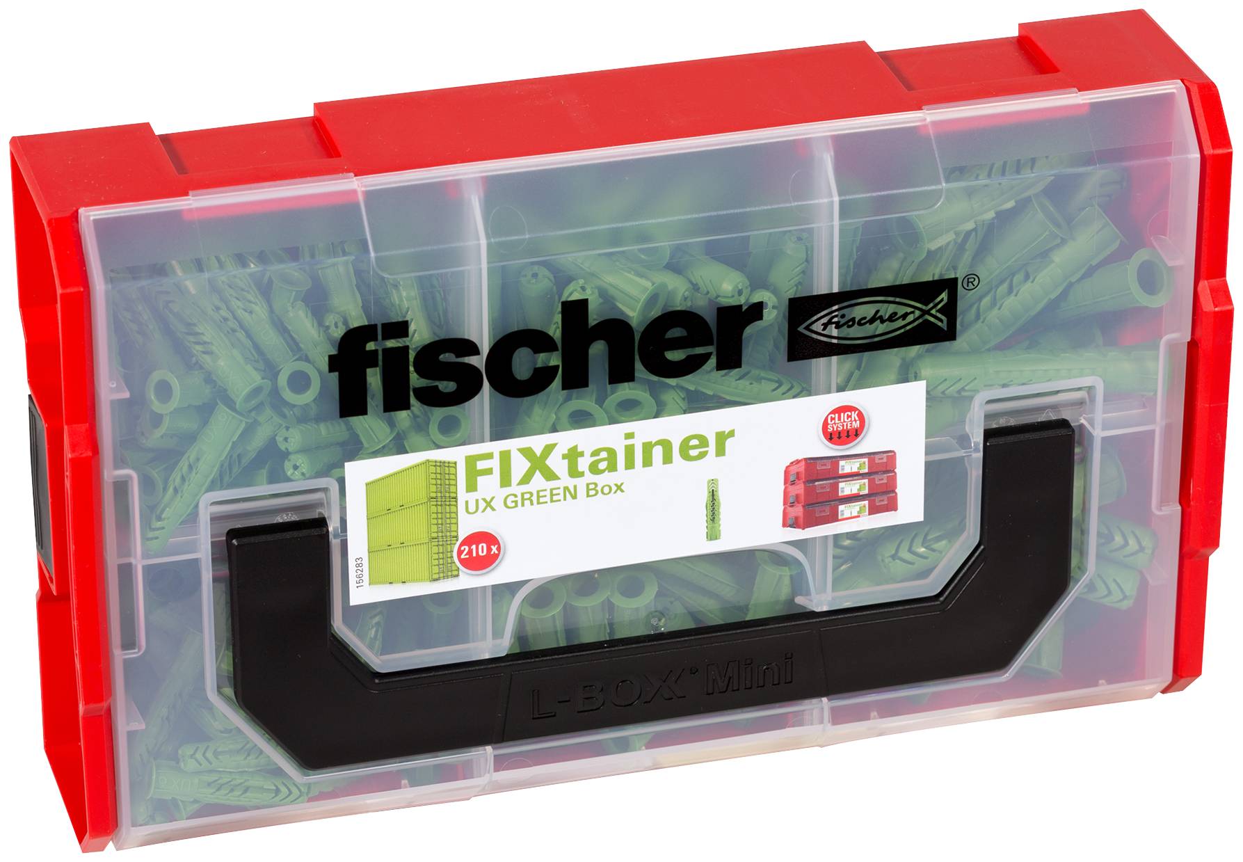 Une boîte de rangement en plastique transparent avec des bords rouges étiquetée « fischer FIxTainer UX GREEN Box », remplie de chevilles murales vertes.