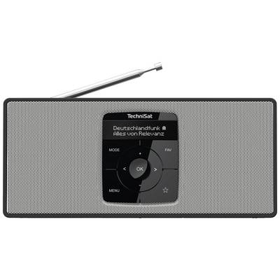 Un radio portable avec affichage numérique, indiquant 'Deutschlandfunk - Tout ce qui est pertinent'. En haut se trouve une antenne télescopique.