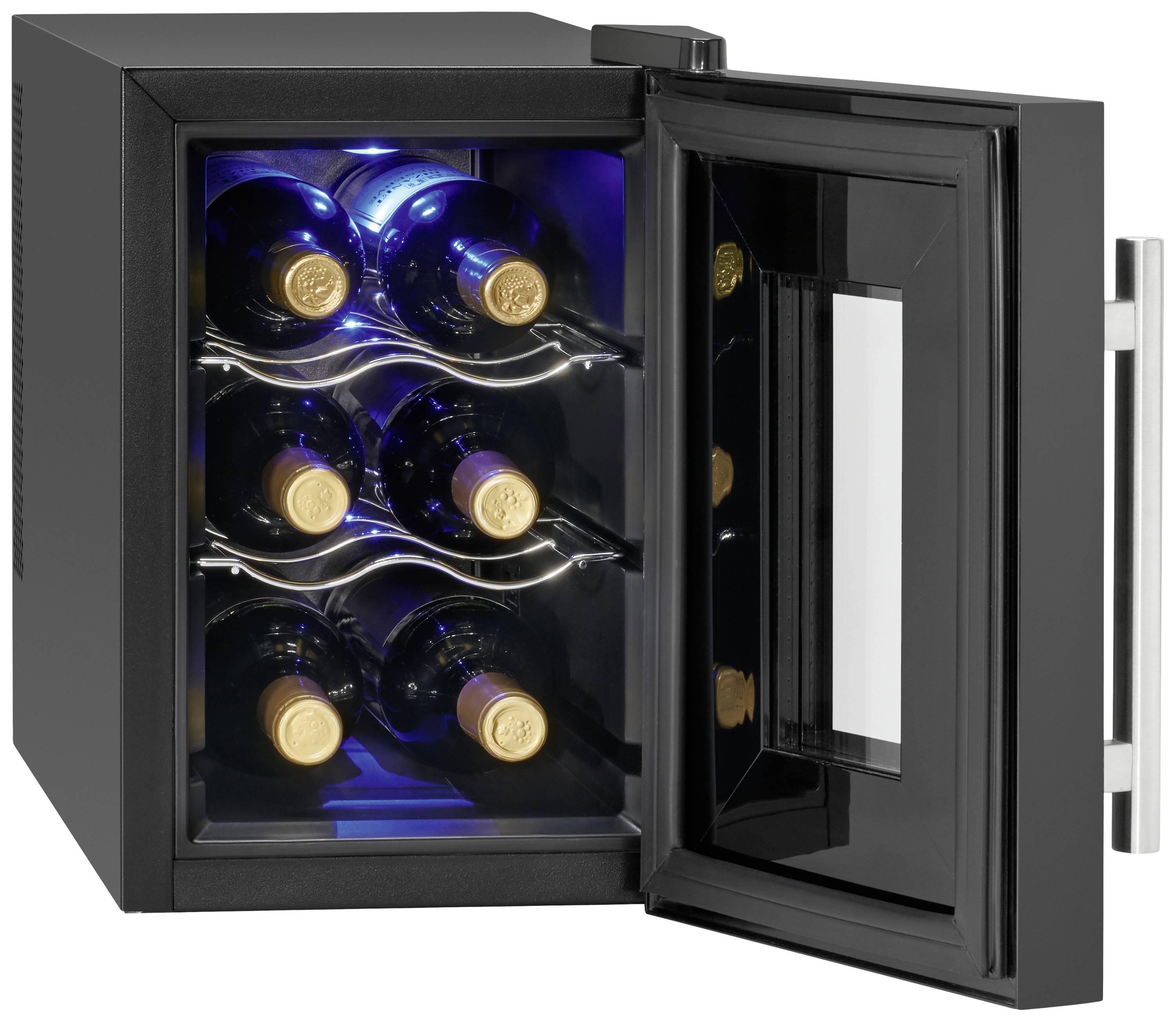 Un réfrigérateur à vin ouvert contenant huit bouteilles, éclairé par une lumière LED bleue à l'intérieur.