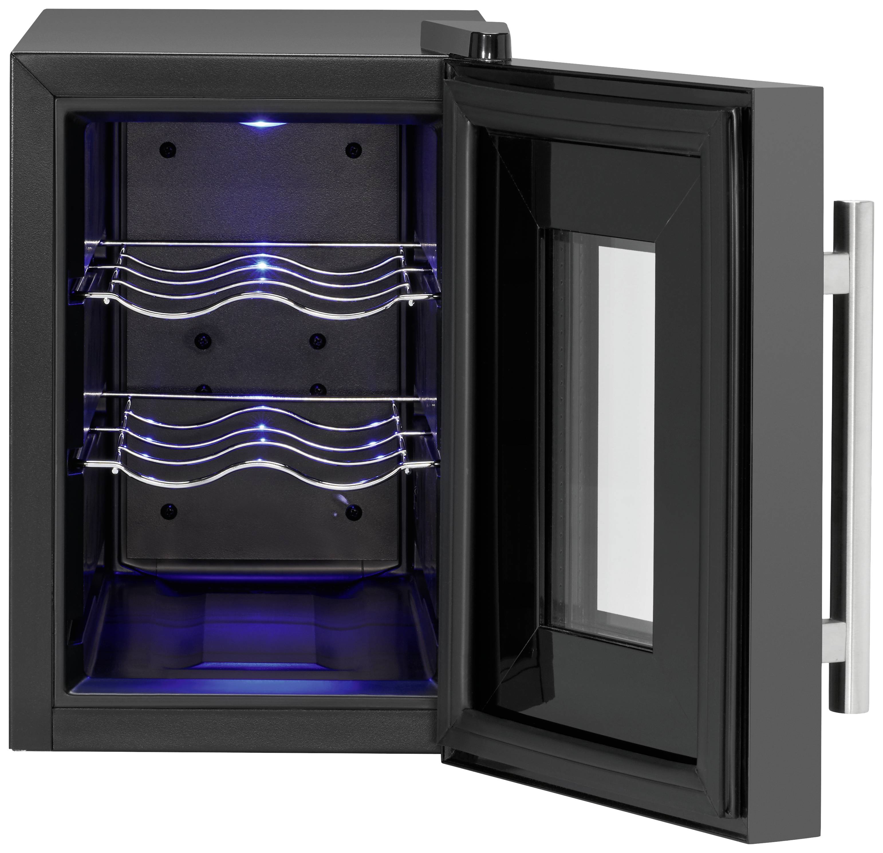 Réfrigérateur noir ouvert avec deux étagères en fil métallique et éclairage intérieur bleu, adapté pour le rangement des bouteilles.
