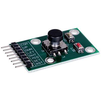 Un module électronique vert avec un bouton-poussoir noir rond au centre, entouré de broches étiquetées et de deux petits interrupteurs.